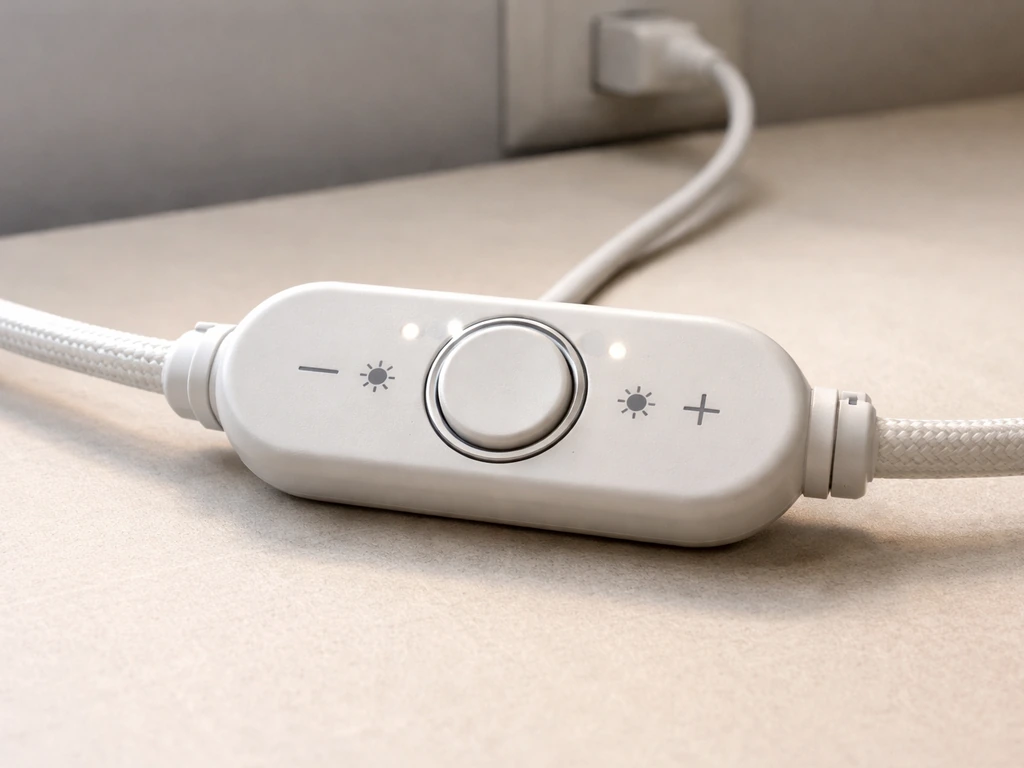 Close-up of an inline power cord lighting controller showing timer and + / - brightness buttons.