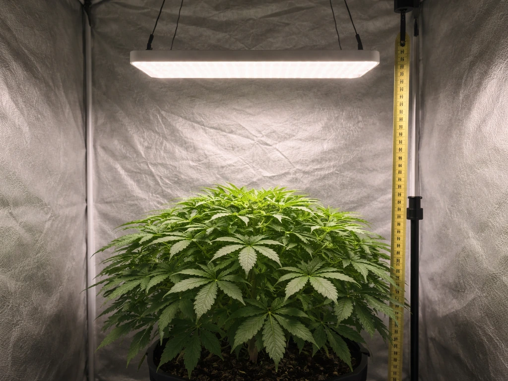Indoor grow setup with an LED grow light and a measuring tape showing its height above the plant canopy.