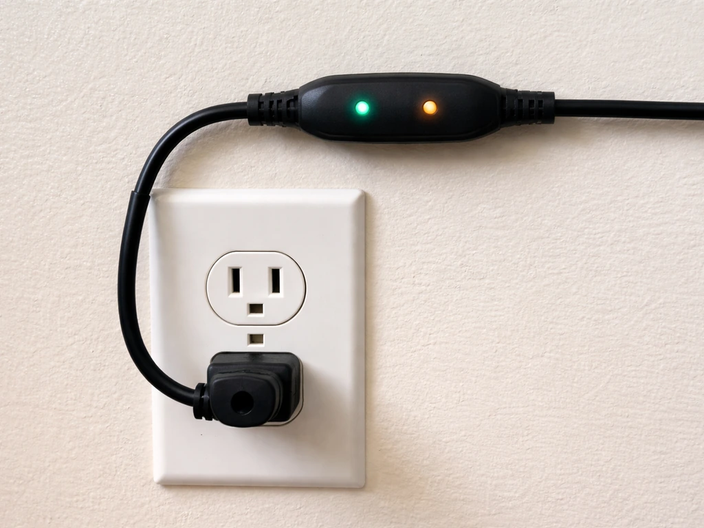 Close-up of a wall outlet with a plug connected and an inline controller’s indicator lights glowing.