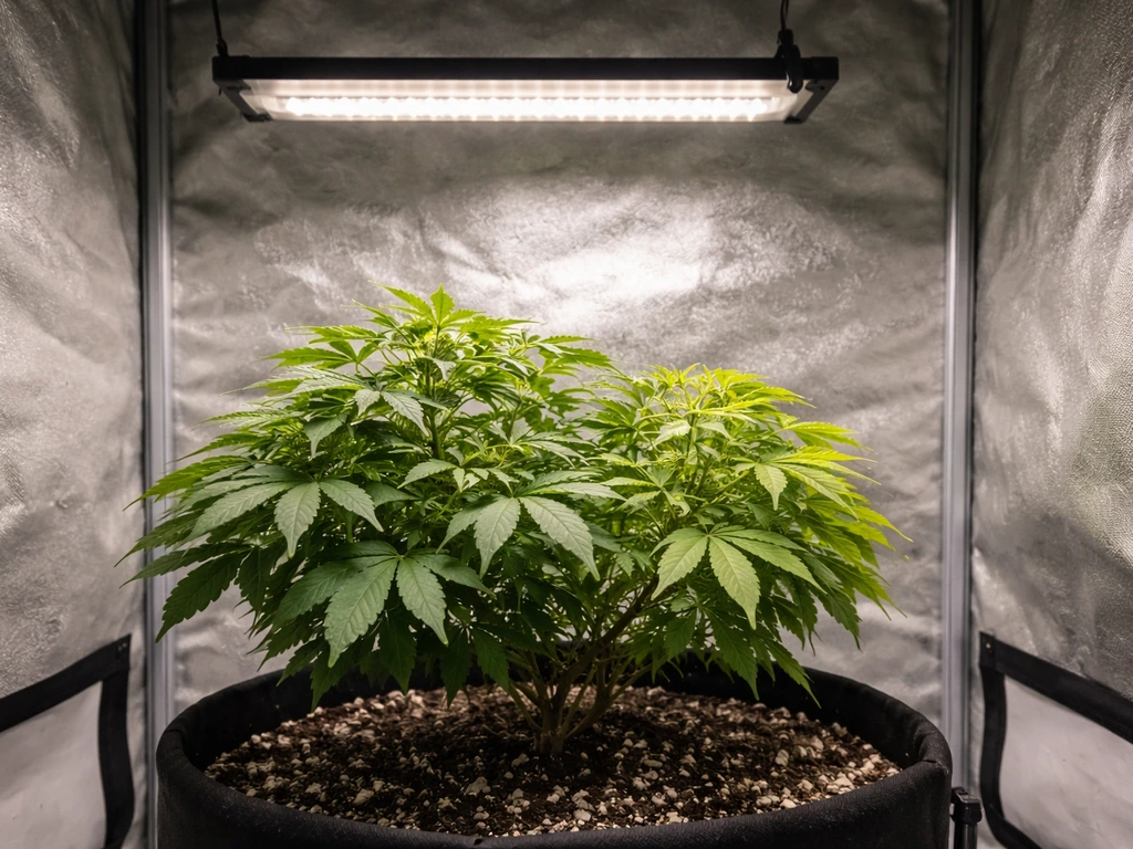 Indoor plant canopy with patchy uneven growth under an LED bar positioned slightly off-center