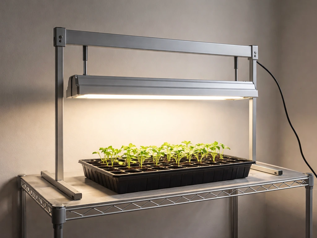 A T5 grow light on its stand illuminated above seedlings in trays, suggesting setup and first test.