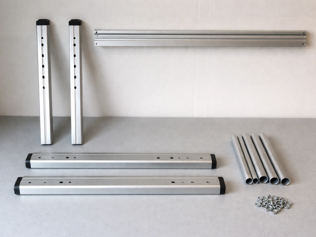 Jump Start kit parts laid out on a clean surface: stand legs, foot pieces, crossbar, tubes, and screws.