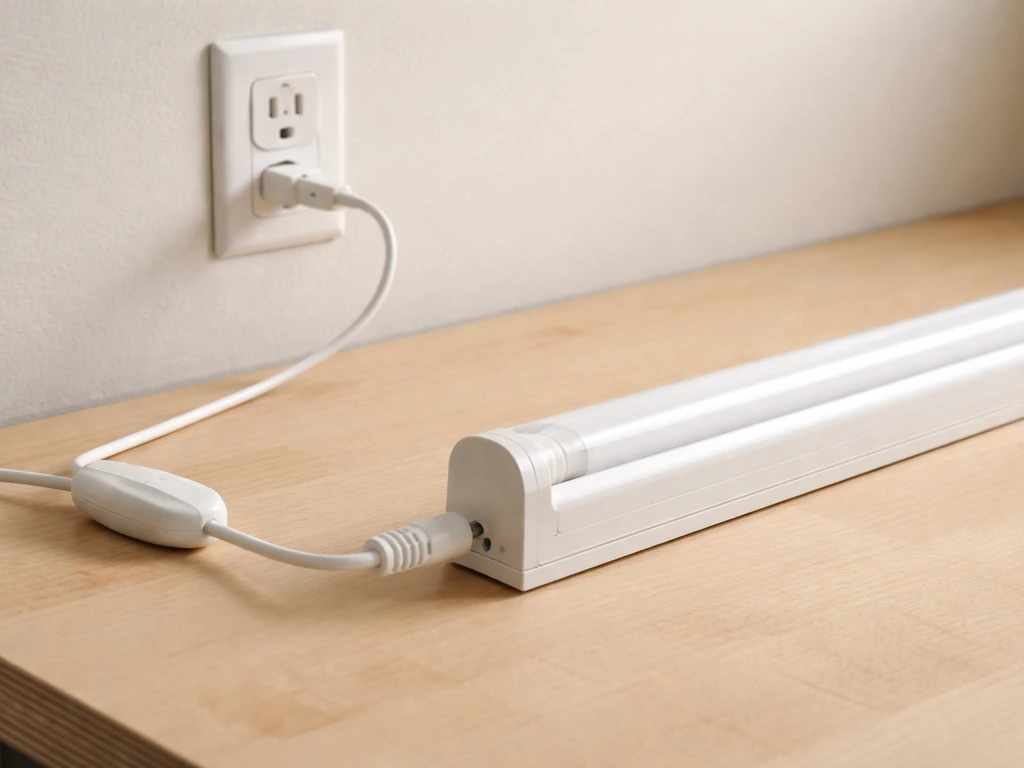 Close-up of a fluorescent light fixture cord switch being plugged into a wall outlet, ready for first power-on.