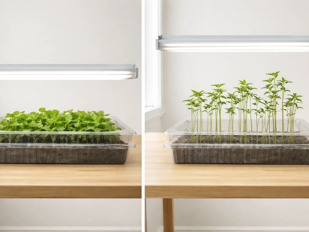 Side-by-side grow light placement: seedlings close under T5 vs stretched plants with lamps too high.