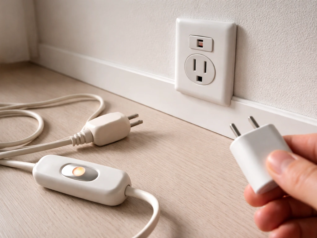 Close-up of a wall outlet, lamp plug, and inline cord switch with a phone charger testing power