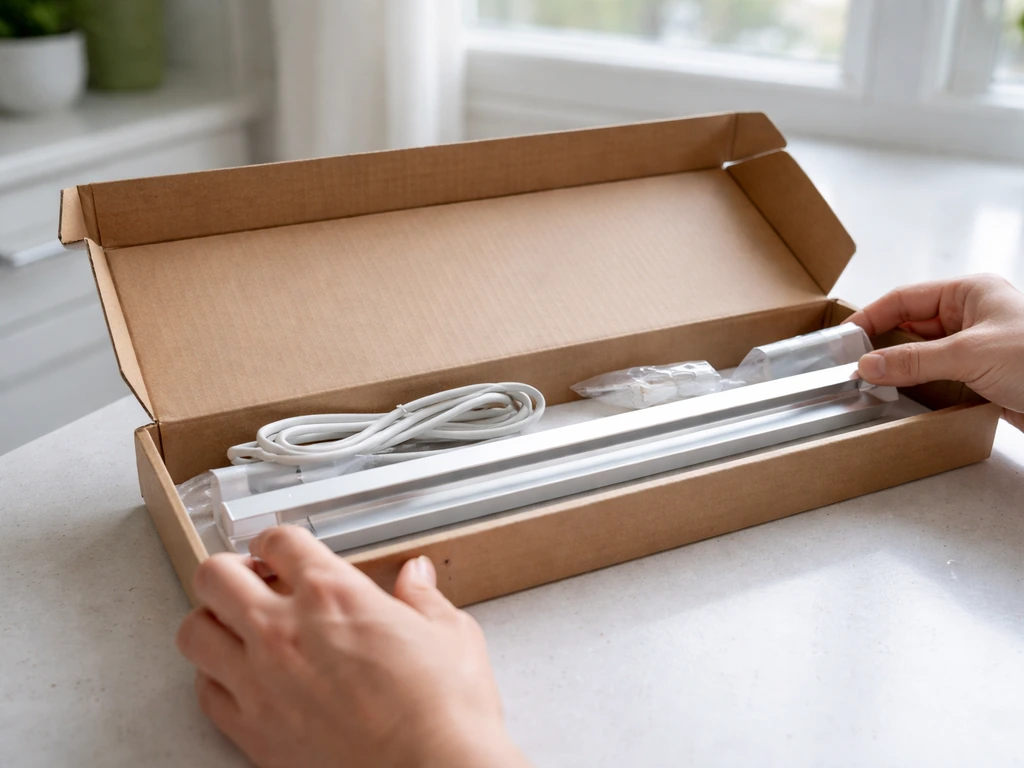 Open box on a table with hands arranging a T5 light strip with reflector and plastic end caps.