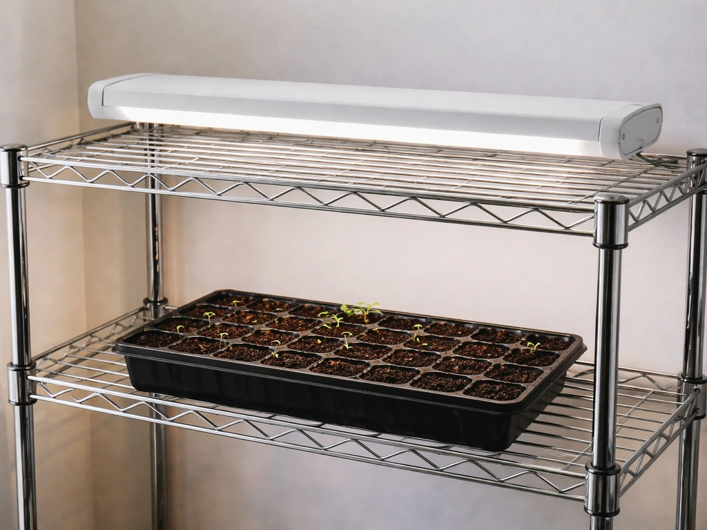 Indoor fixture on upper wire shelf with a seed tray on the lower shelf for height adjustment.