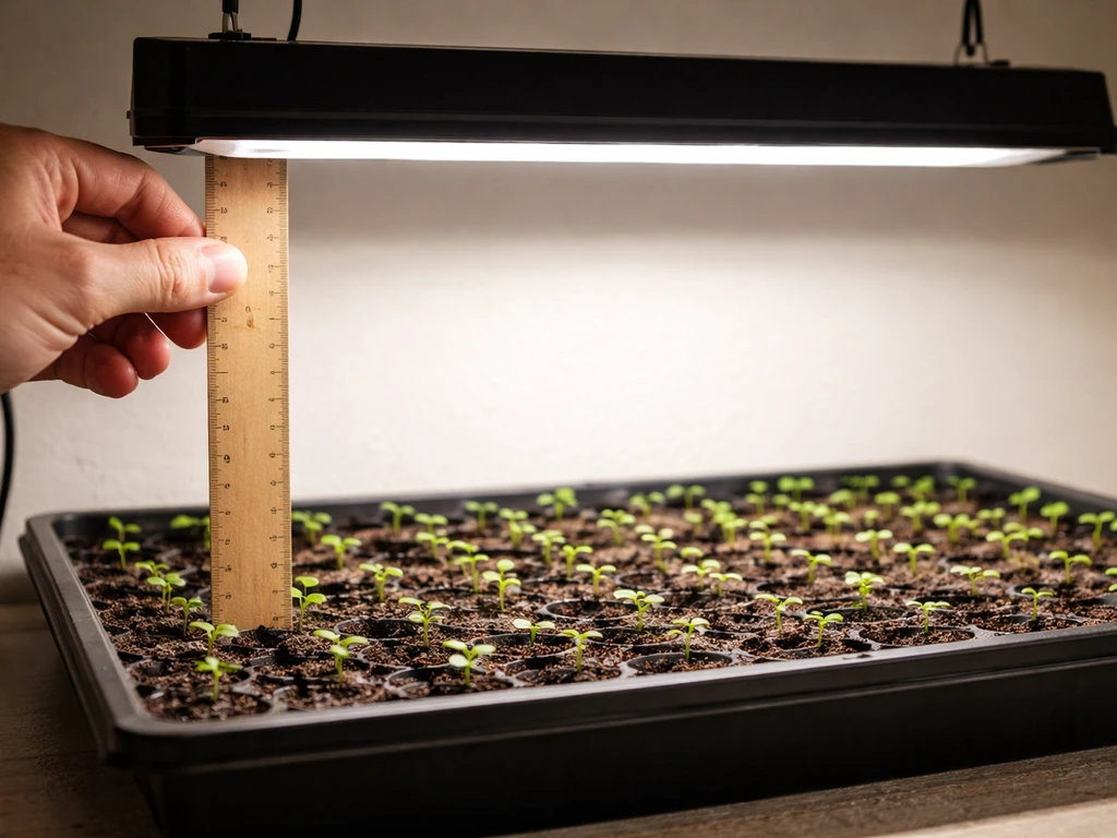 Grow light hanging above seed tray with a nearby ruler showing 6–12 inches spacing to seedlings.