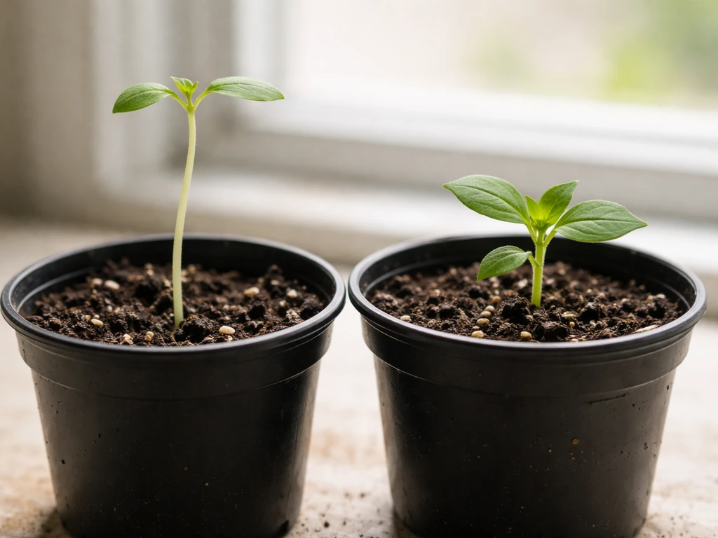 Two small potted seedlings: one tall and leggy under a higher light, one compact after moving the light closer.