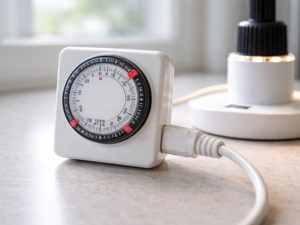 Plug-in mechanical dial timer connected to a grow light, with on/off tabs set and current time visible.