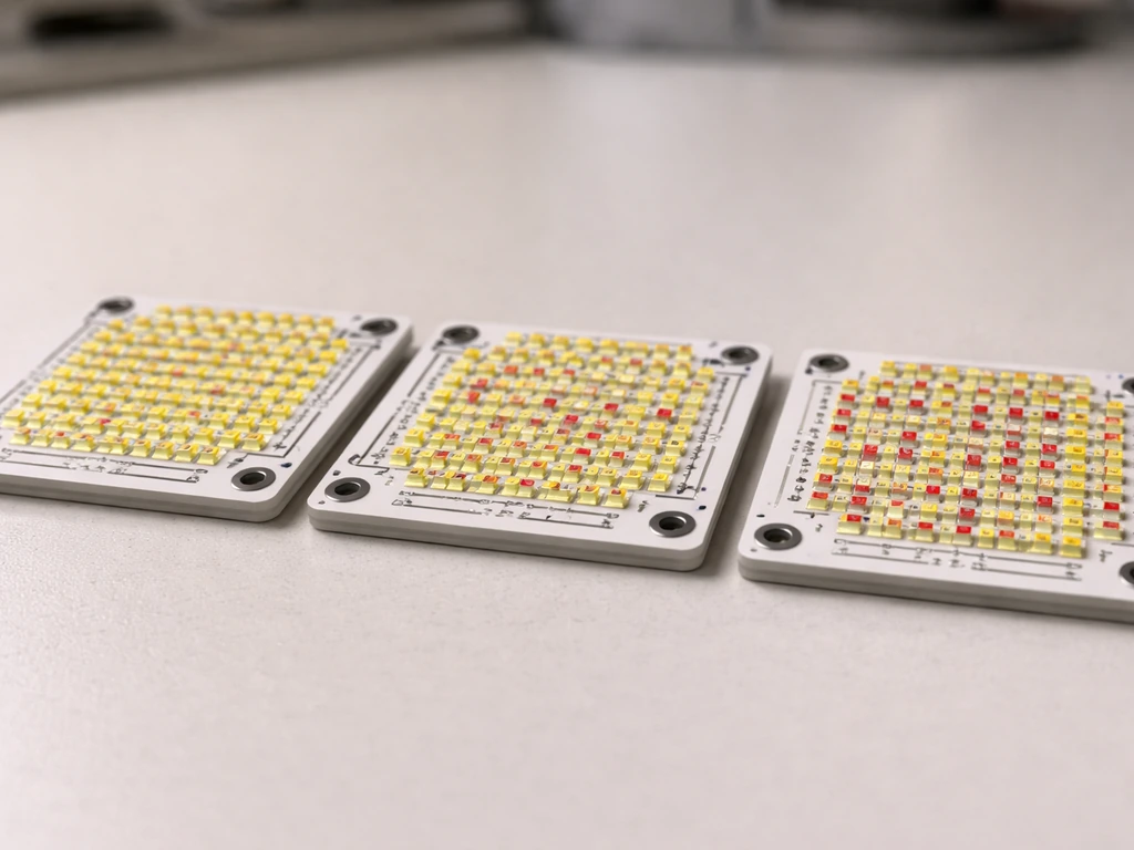 Close-up of several COB LED boards on a workbench under neutral lighting, showing different ceramic LED surfaces