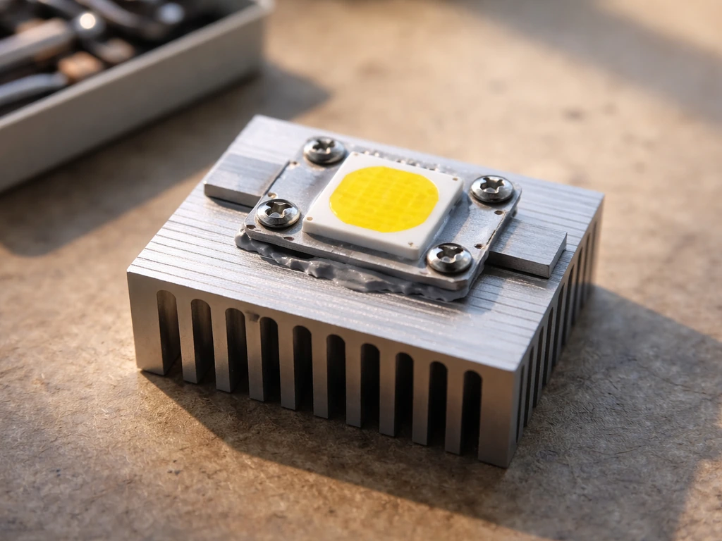 Close-up of thermal paste applied to a small metal heatsink and a COB module clamped in place