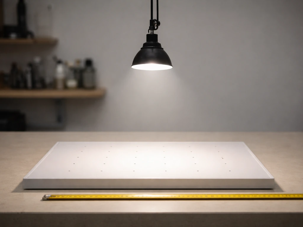 Hanging light over a simple tray with a distance tape, showing a brightness gradient for coverage testing.
