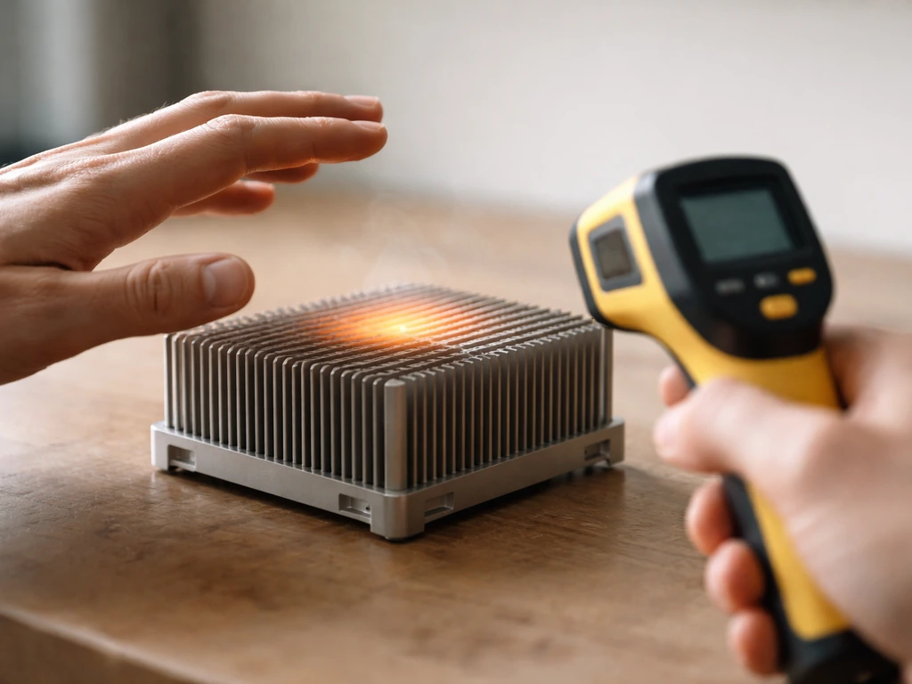 Person holding a fingertip near a metal heatsink while measuring its surface temperature with an IR thermometer