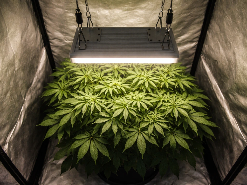 Top-down view of a grow tent canopy with an adjustable grow light positioned close to the plants.