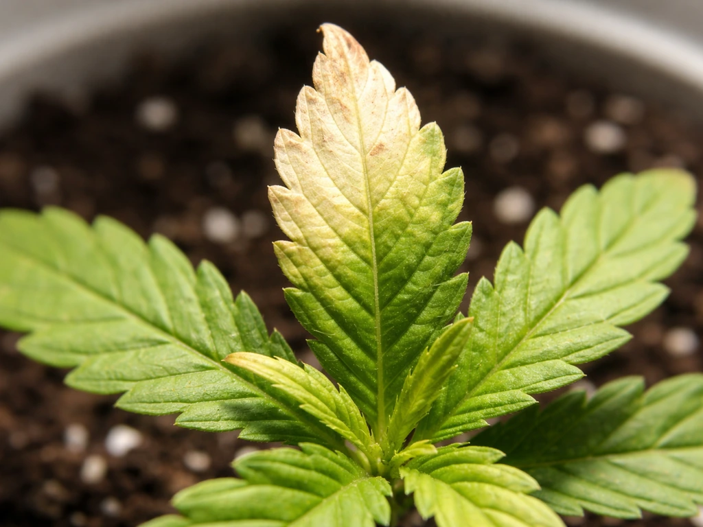 Close-up of plant leaf tip showing light bleaching/whitening and nearby light-stress damage from too-close grow lights