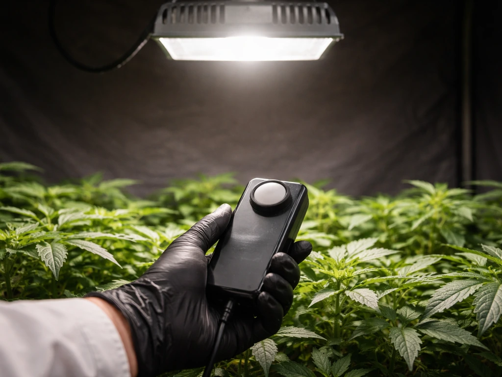 Gloved hand holding a PAR meter at leaf canopy height under a grow light to measure PPFD.