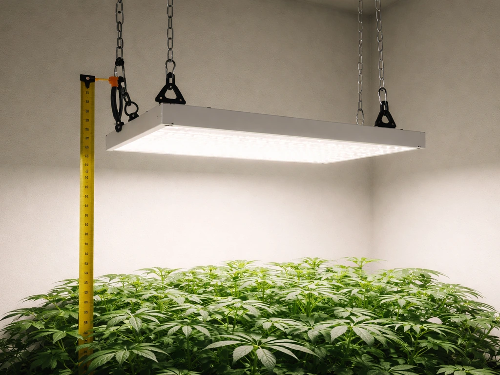 Indoor grow light raised with a tape measure, showing brighter center hotspot on the plant canopy.