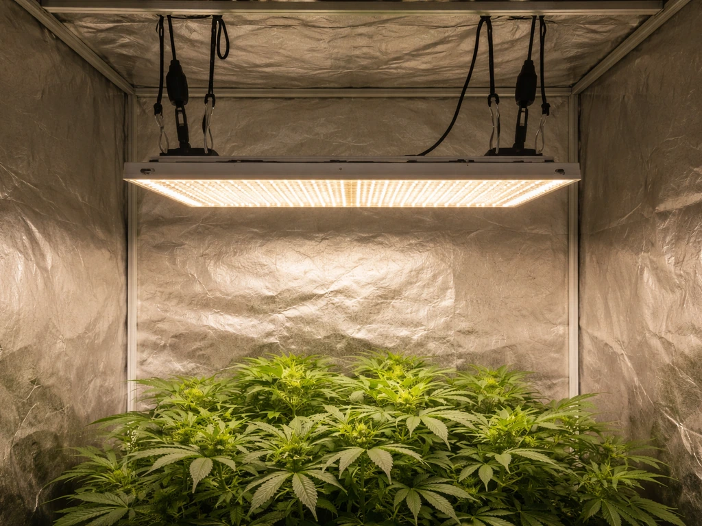 BESTVA-style grow light hanging correctly over a plant canopy inside a grow tent with adjustable ropes.