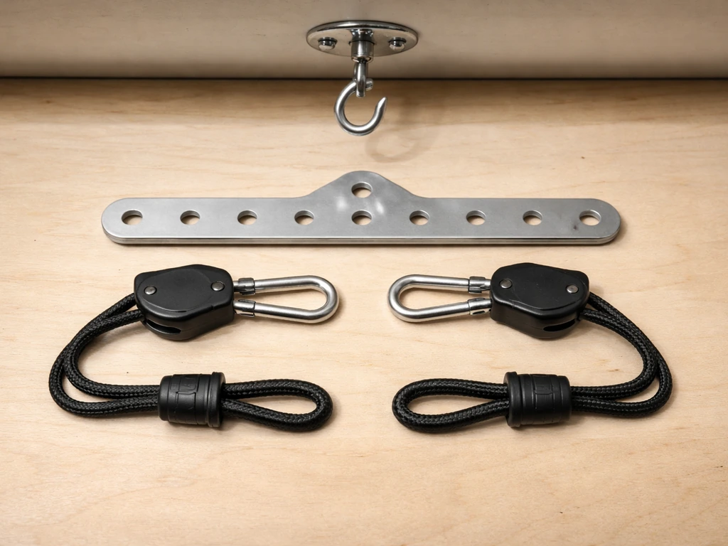 Parts of an adjustable rope hanging kit laid out, showing hooks and metal hanger hardware for overhead mounting.