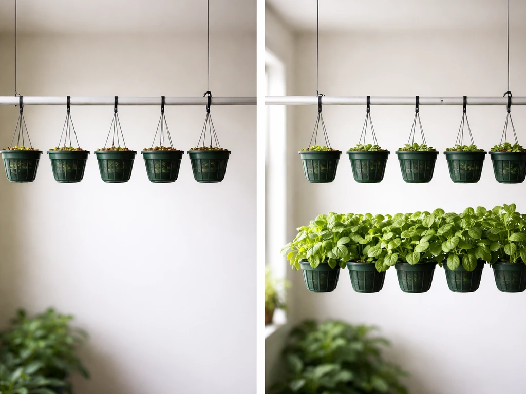 Two hanging grow baskets side-by-side: seedlings higher, mature plants lower, showing height difference.