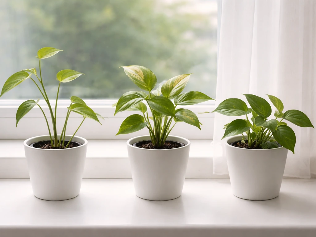 Three potted houseplants showing stretched growth, leaf burn, and uneven growth under different light heights.