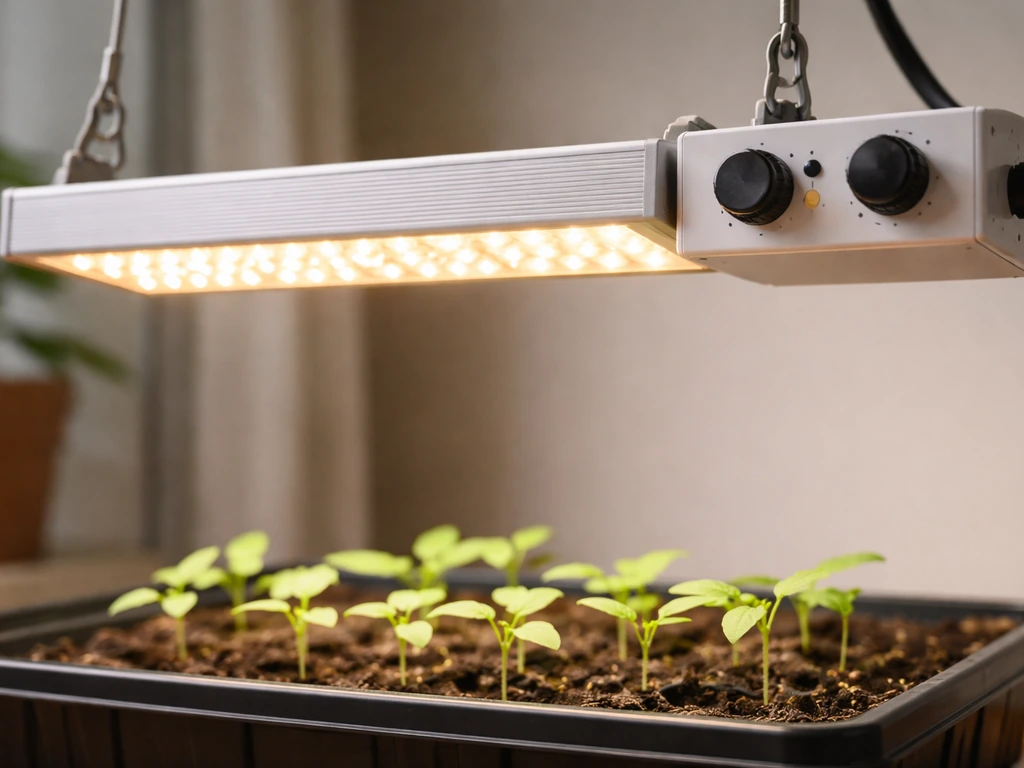 Close-up of a dimmable LED grow light above seedlings with the dimmer/driver controls visible.