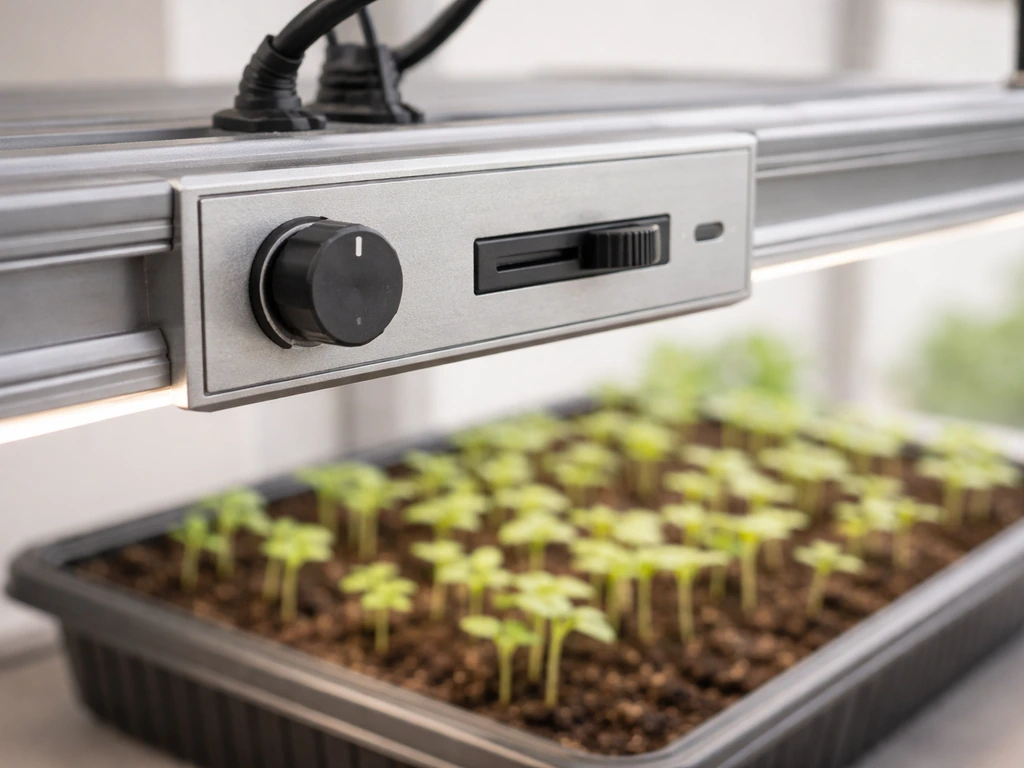Close-up of an LED grow light’s built-in dimmer knob above a seedling tray.
