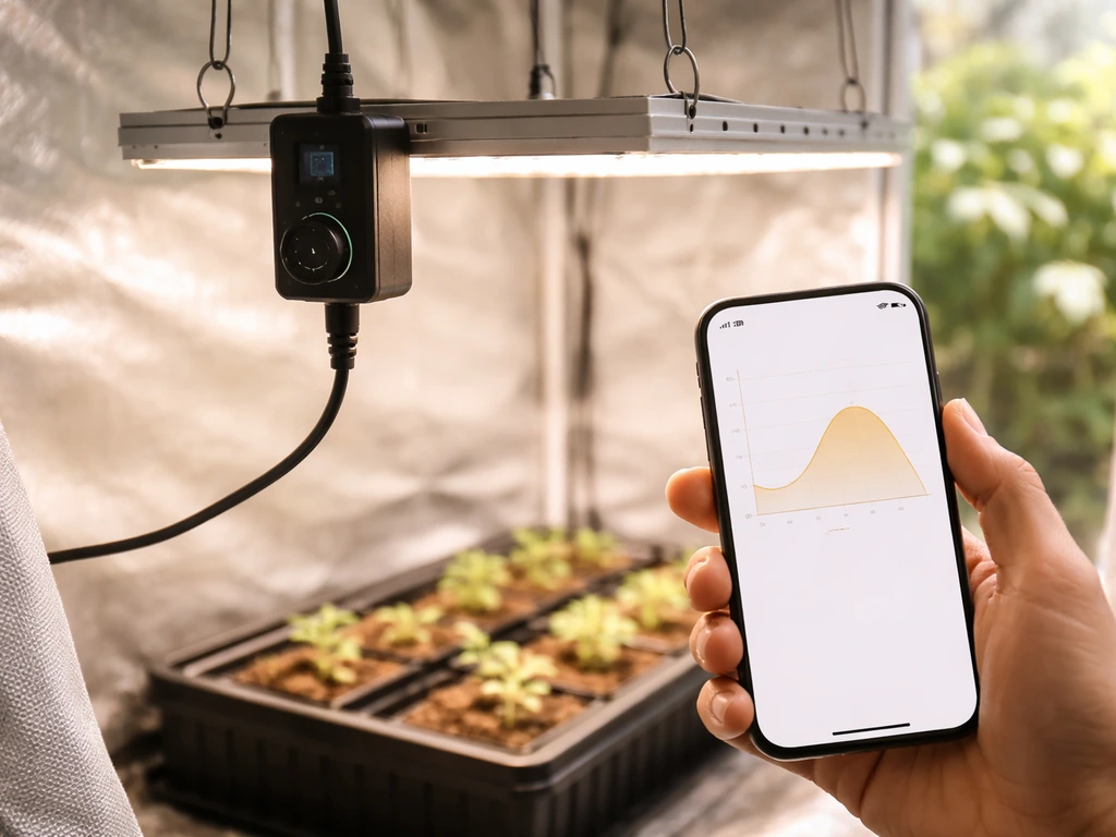 Phone app shows an intensity curve while an LED grow light and smart controller sit in a grow tent.