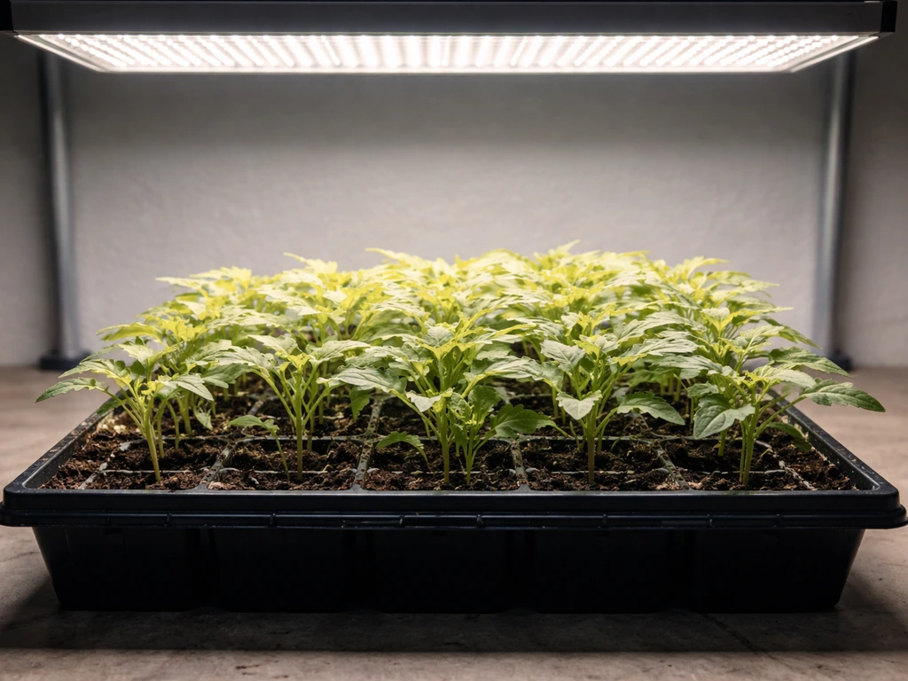 Seedlings under an LED grow light showing bleaching/yellowing in the brightest spot while lower leaves stay greener.