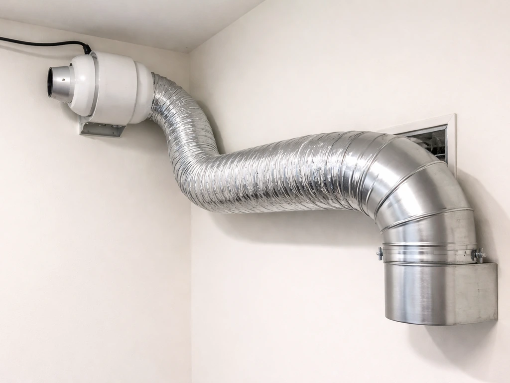 Minimal photo of a 6-inch flex duct with inline fan and a visible elbow transition on a wall.