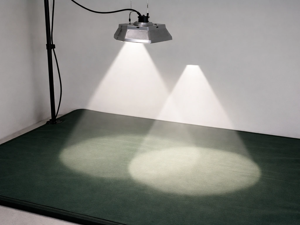 Grow light above a canopy with overlapping light cones showing wider vs tighter coverage at different heights.