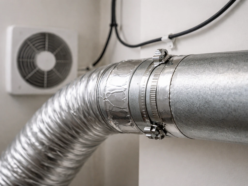 Close-up of a duct connection sealed with foil tape and hose clamps beside a quiet fan unit