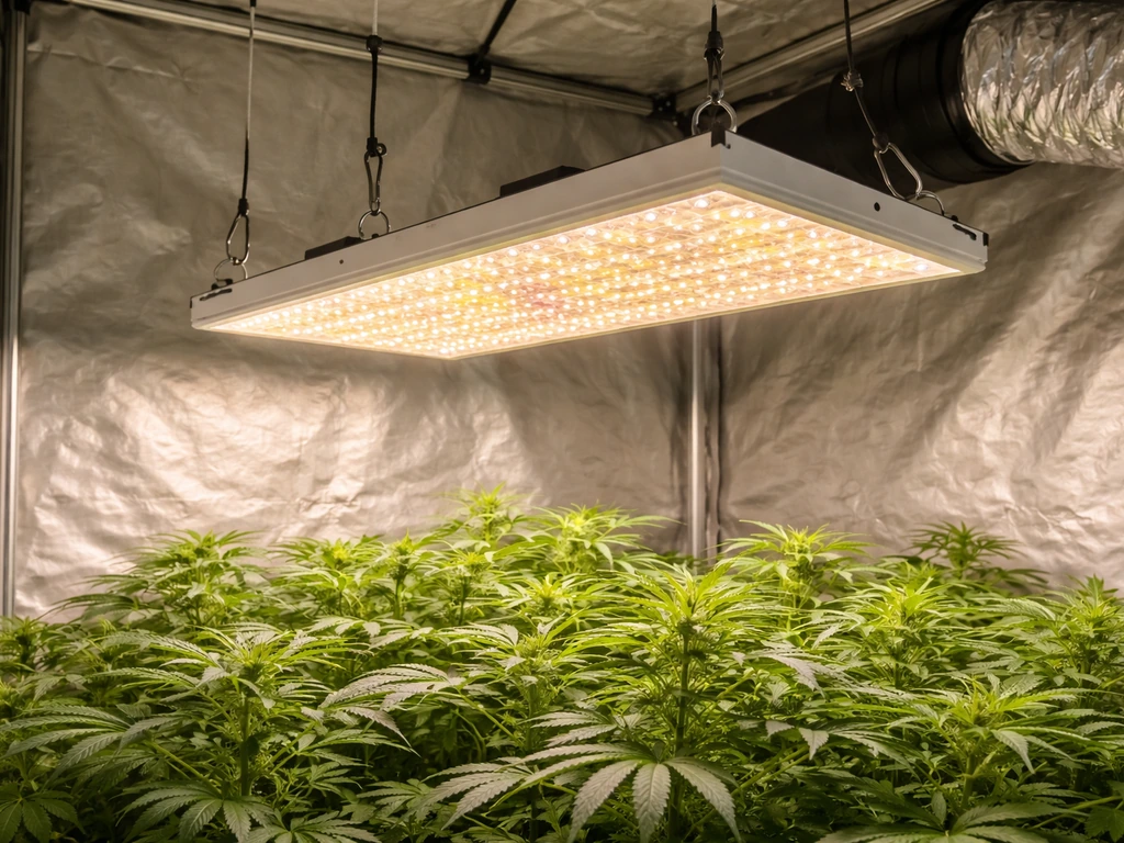 LED grow light panel hanging above a plant canopy inside a grow tent, showing hanging height and setup