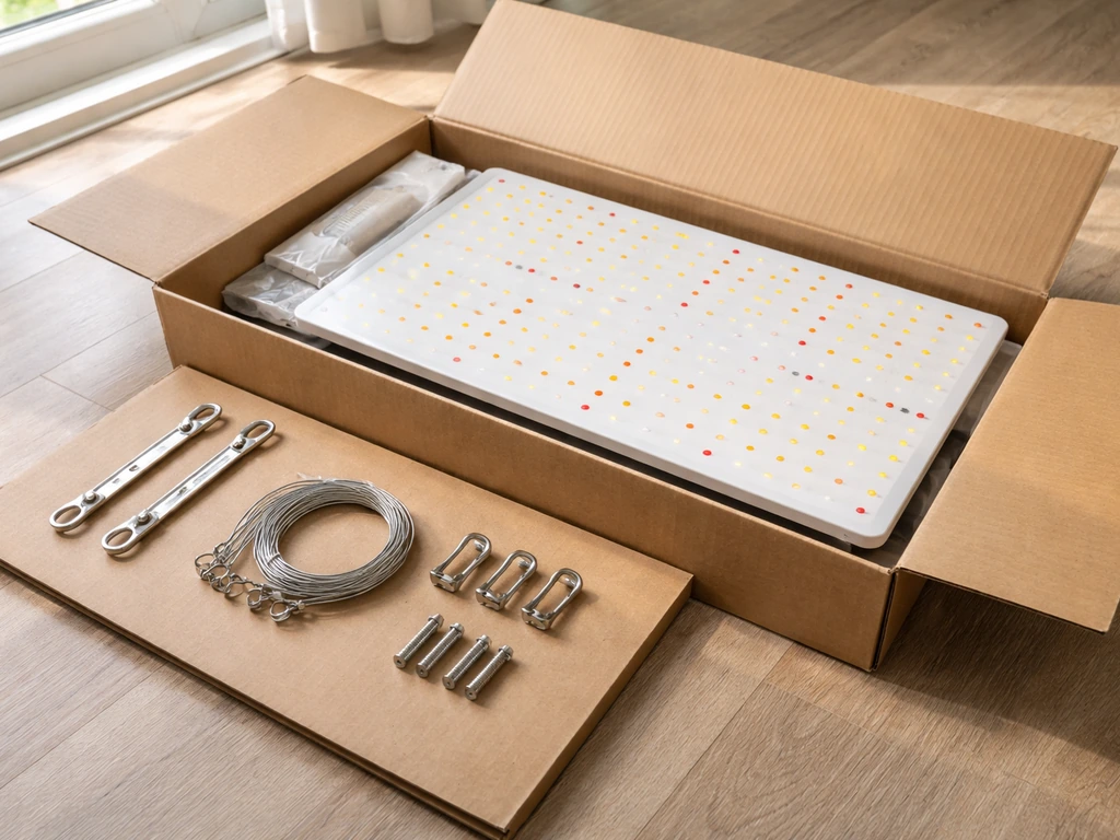 Open shipping box with a LED light panel and hanging hardware beside a small spec sticker on packaging.