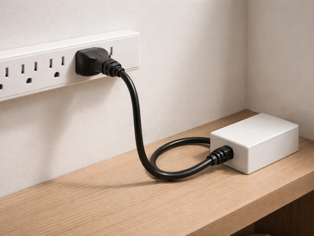 Close-up of a 3-prong plug connected to a driver box and a surge-protected power strip with cables seated.