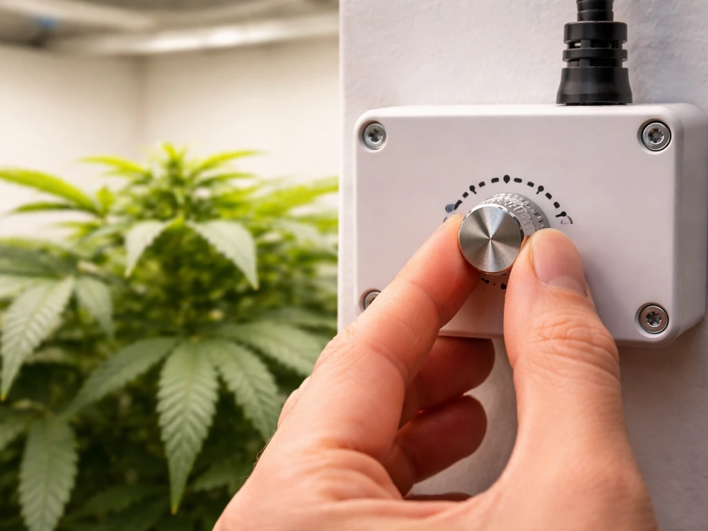 Close-up of a plant LED driver box dimmer knob set to mid intensity, with brighter leaf canopy in view.