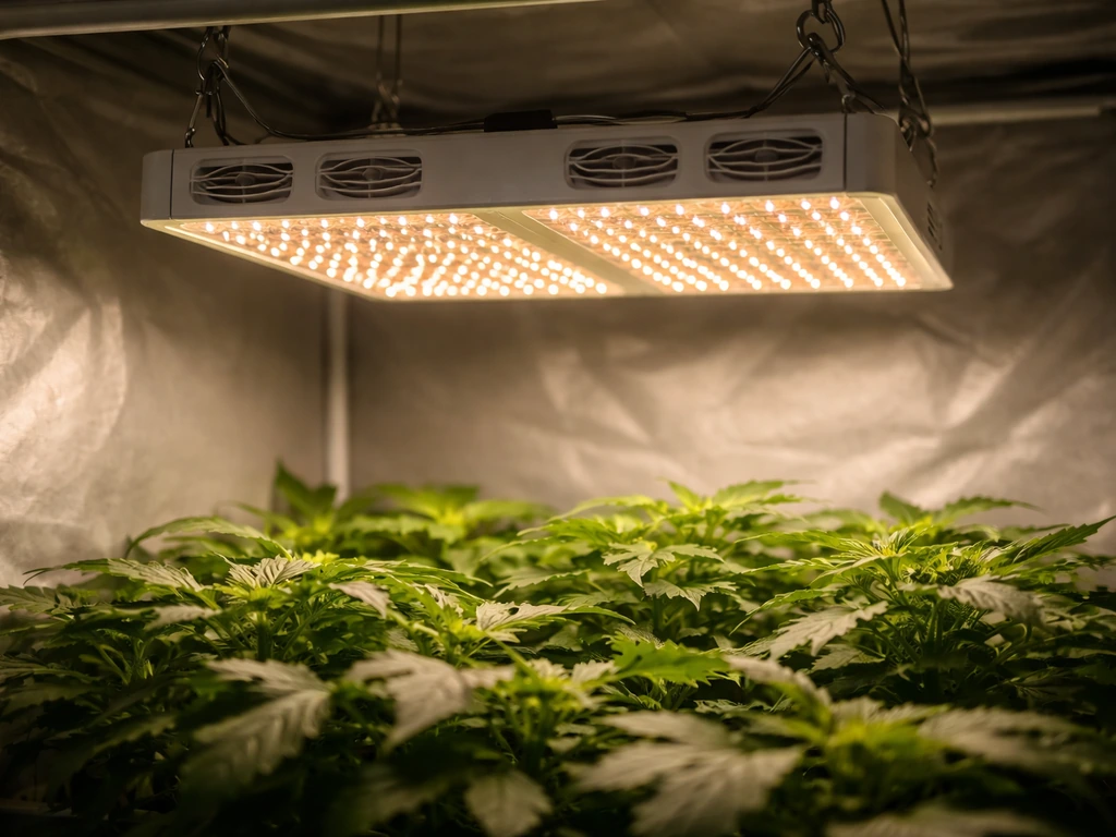 Mounted LED grow light panel shining over a leafy plant canopy inside a grow tent.
