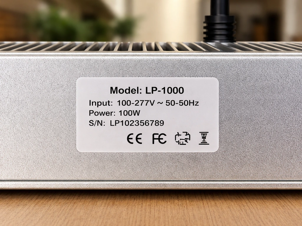 Close-up of a grow light’s model ID sticker on the back panel, focused for identifying the exact model