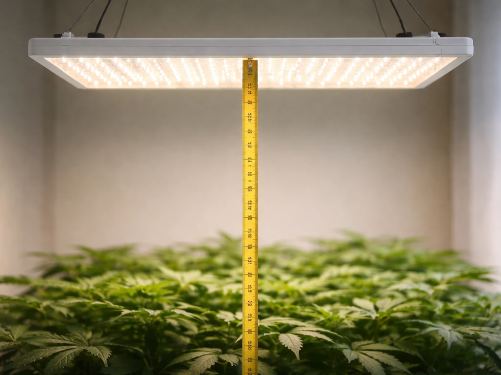 Side angle of a panel grow light centered above a canopy with a tape measure showing hanging height