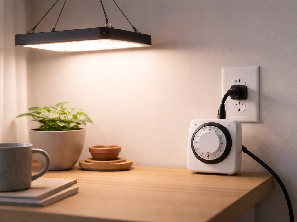 LED grow panel light next to a 24-hour outlet timer with cords plugged in on a desk