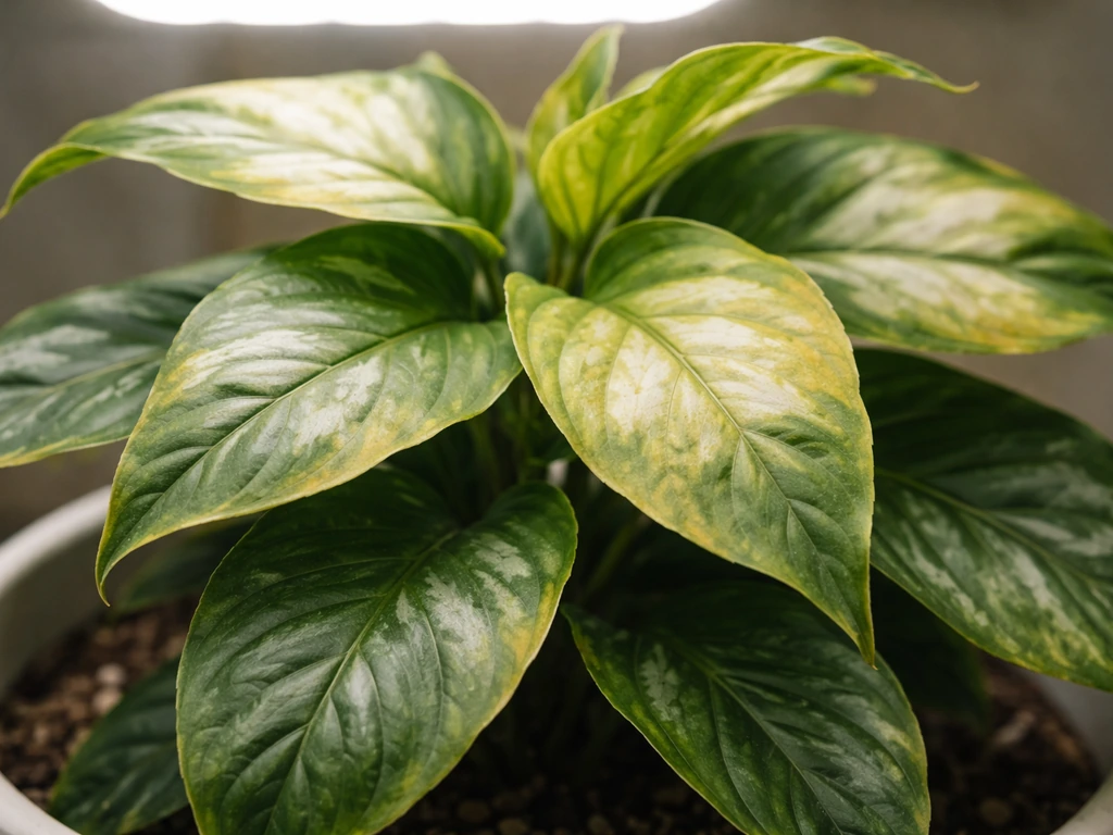 Close-up of yellowing houseplant leaves with pale bleached patches and slight curling away from bright light.