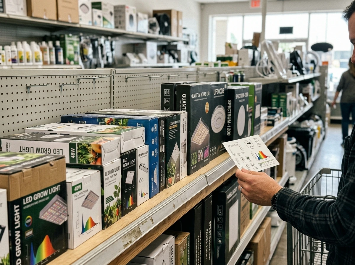 Specialty grow retailer shelf with boxed LED grow lights and hanging fixtures.