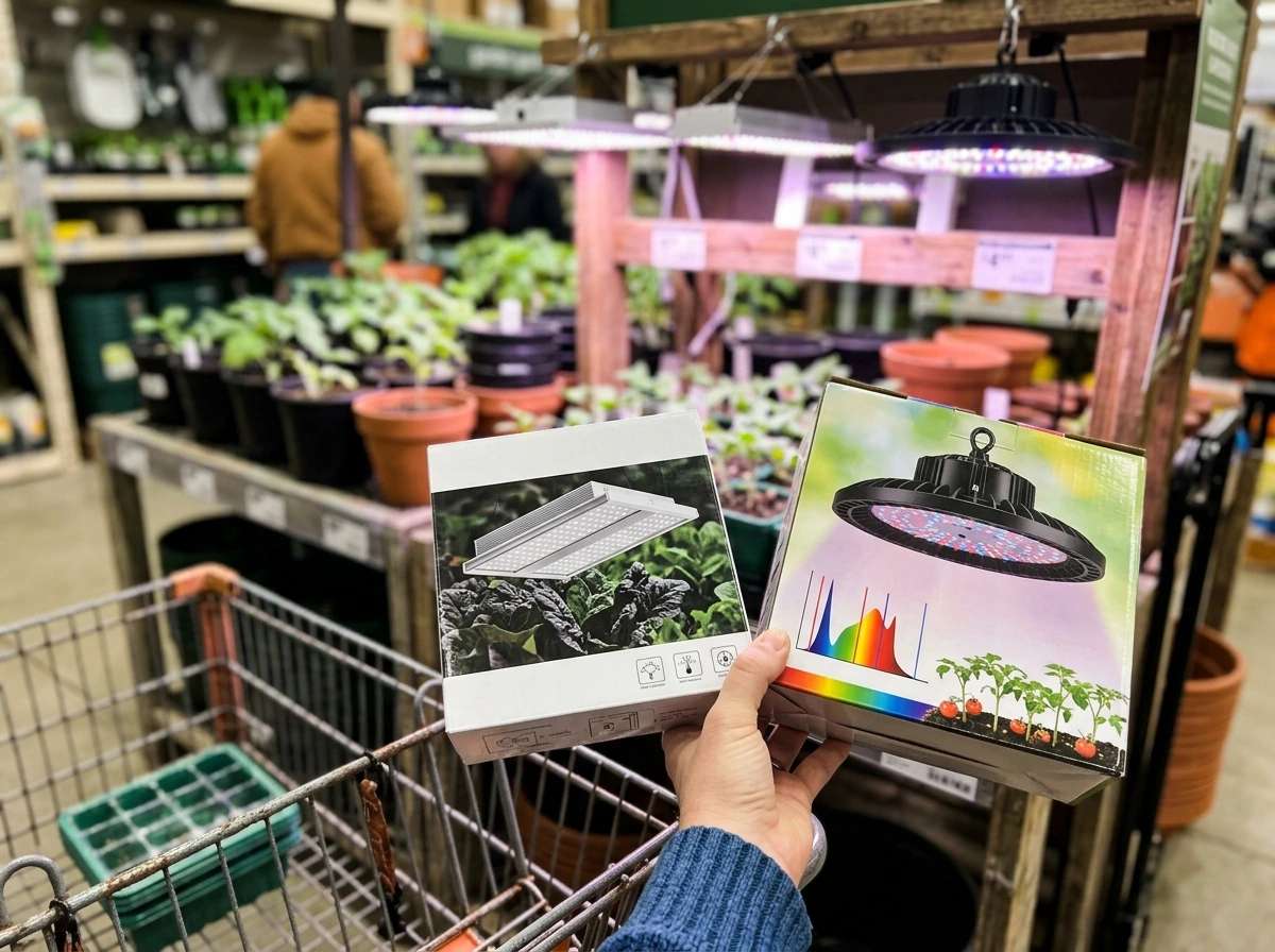 Garden center shelf with LED grow lights in local store sections.