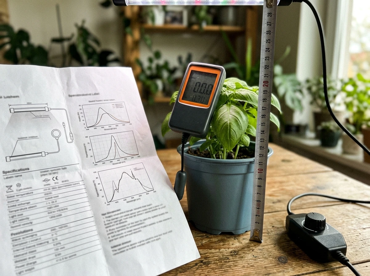 Checking a grow light label for spectrum/PPFD and canopy distance.