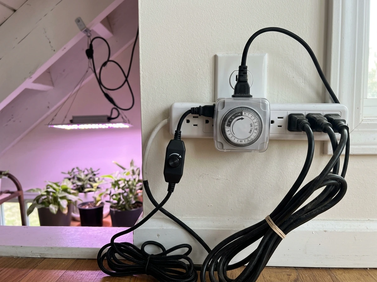 Outlet timer and dimmer controlling an LED grow light plug-in.