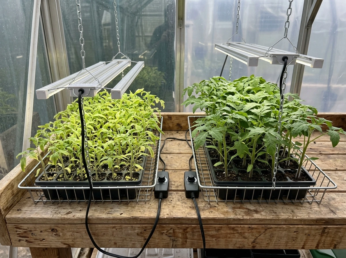Seedlings under too-bright light vs corrected dimmer height setup.