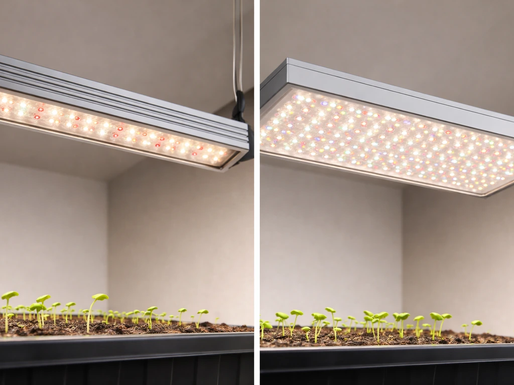 Close-up of two LED grow light fixtures, an LED bar and an LED panel, over seedling trays.