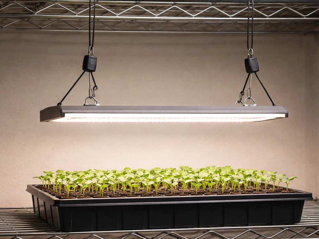 LED grow light hanging 4–6 inches above a tray of seedlings, suspended at an adjustable height.