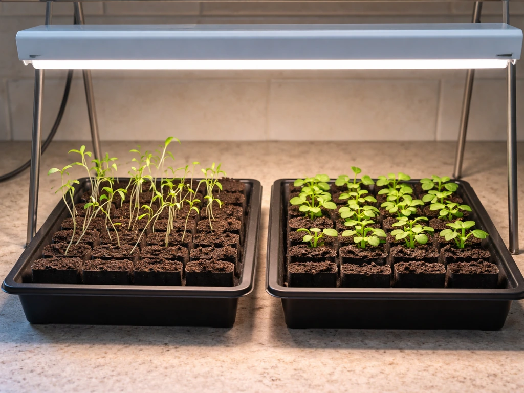 Split trays of seedlings: left leggy and stressed, right compact and healthy under a small grow light